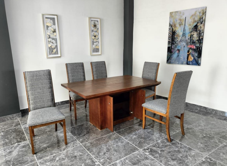 Comedor california de 6 chapa ocume y encino color nogal, tapiz cantela rata